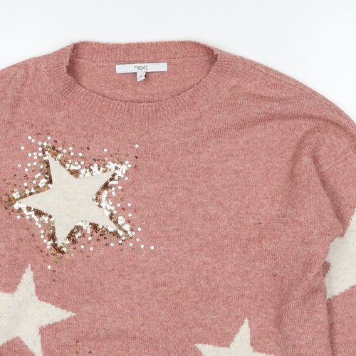 NEXT Womens Pink Crew Neck Geometric Polyester Pullover Jumper Size M - Stars Sequin