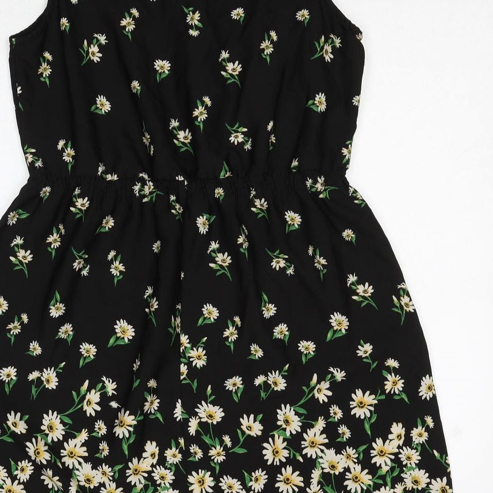 New Look Womens Black Floral Polyester A-Line Size 12 Round Neck Pullover