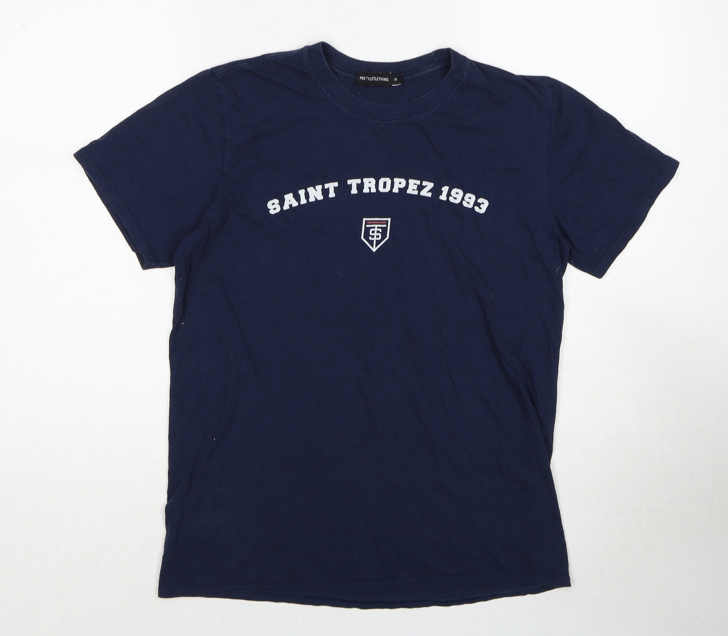 PRETTYLITTLETHING Womens Blue Cotton Basic T-Shirt Size S Round Neck - Saint Tropez 1993