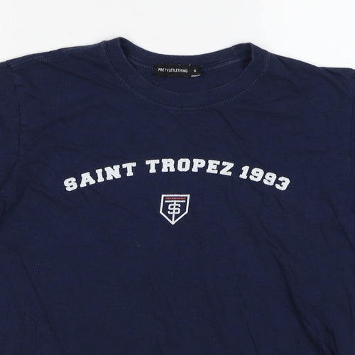 PRETTYLITTLETHING Womens Blue Cotton Basic T-Shirt Size S Round Neck - Saint Tropez 1993