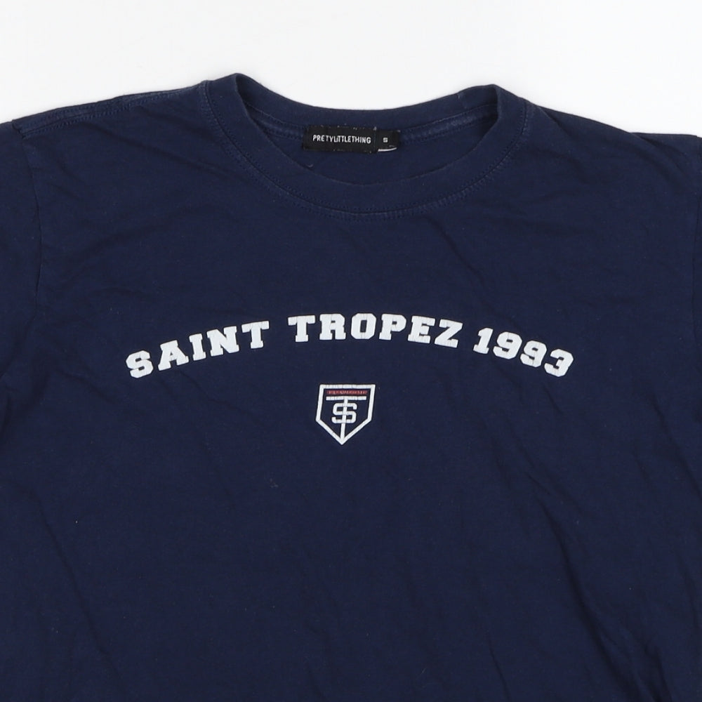 PRETTYLITTLETHING Womens Blue Cotton Basic T-Shirt Size S Round Neck - Saint Tropez 1993