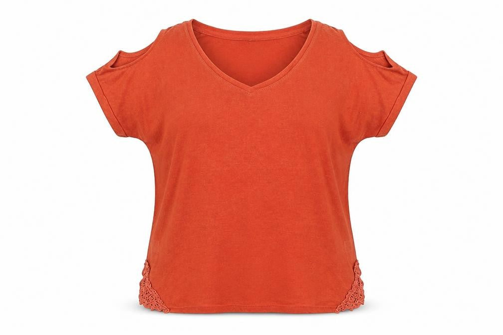 Front view of Next women’s orange polyester basic blouse, size UK 12, round neck - cold shoulder, lace detail