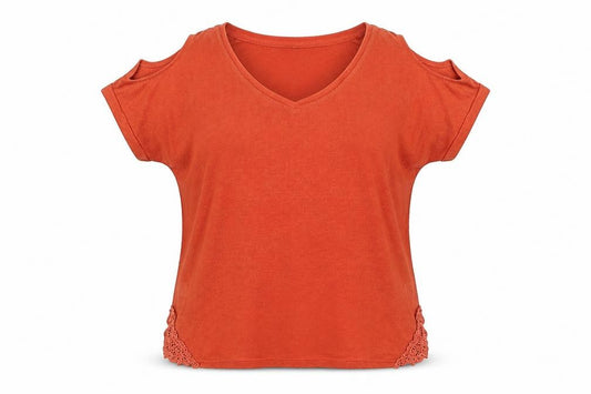 Front view of Next women’s orange polyester basic blouse, size UK 12, round neck - cold shoulder, lace detail