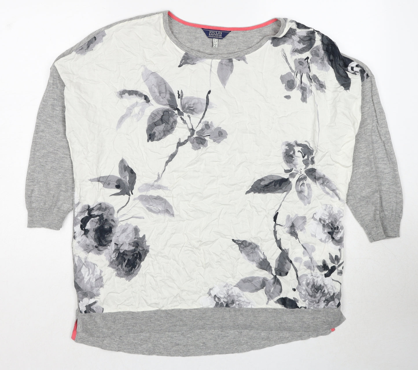 Joules Womens Grey Round Neck Floral Wool Pullover Jumper Size 14