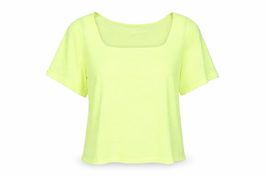 Front view of Next women’s yellow acrylic basic blouse, size UK 14, round neck