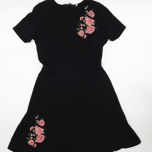 Dorothy Perkins Womens Black Cotton A-Line Size 8 Round Neck Pullover - Flower