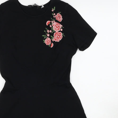 Dorothy Perkins Womens Black Cotton A-Line Size 8 Round Neck Pullover - Flower