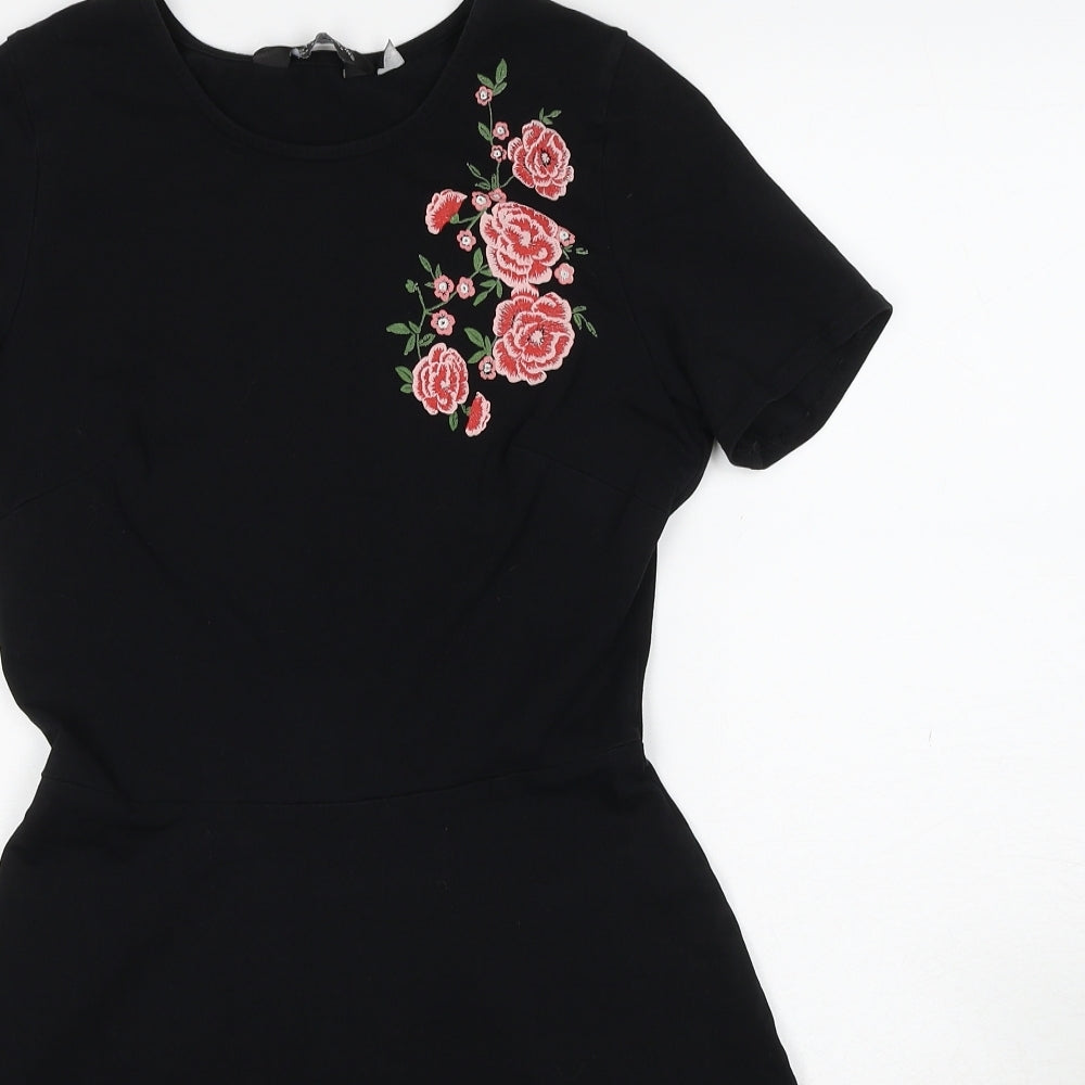 Dorothy Perkins Womens Black Cotton A-Line Size 8 Round Neck Pullover - Flower
