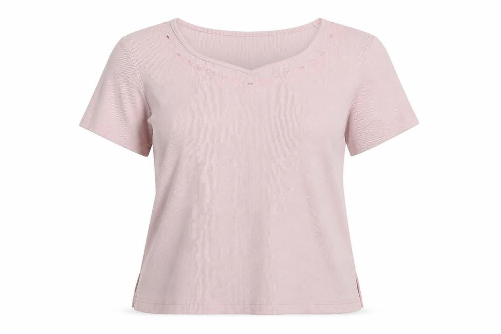 Front view of Bonmarché women’s pink polyester basic t-shirt, size S, boat neck - ribbed