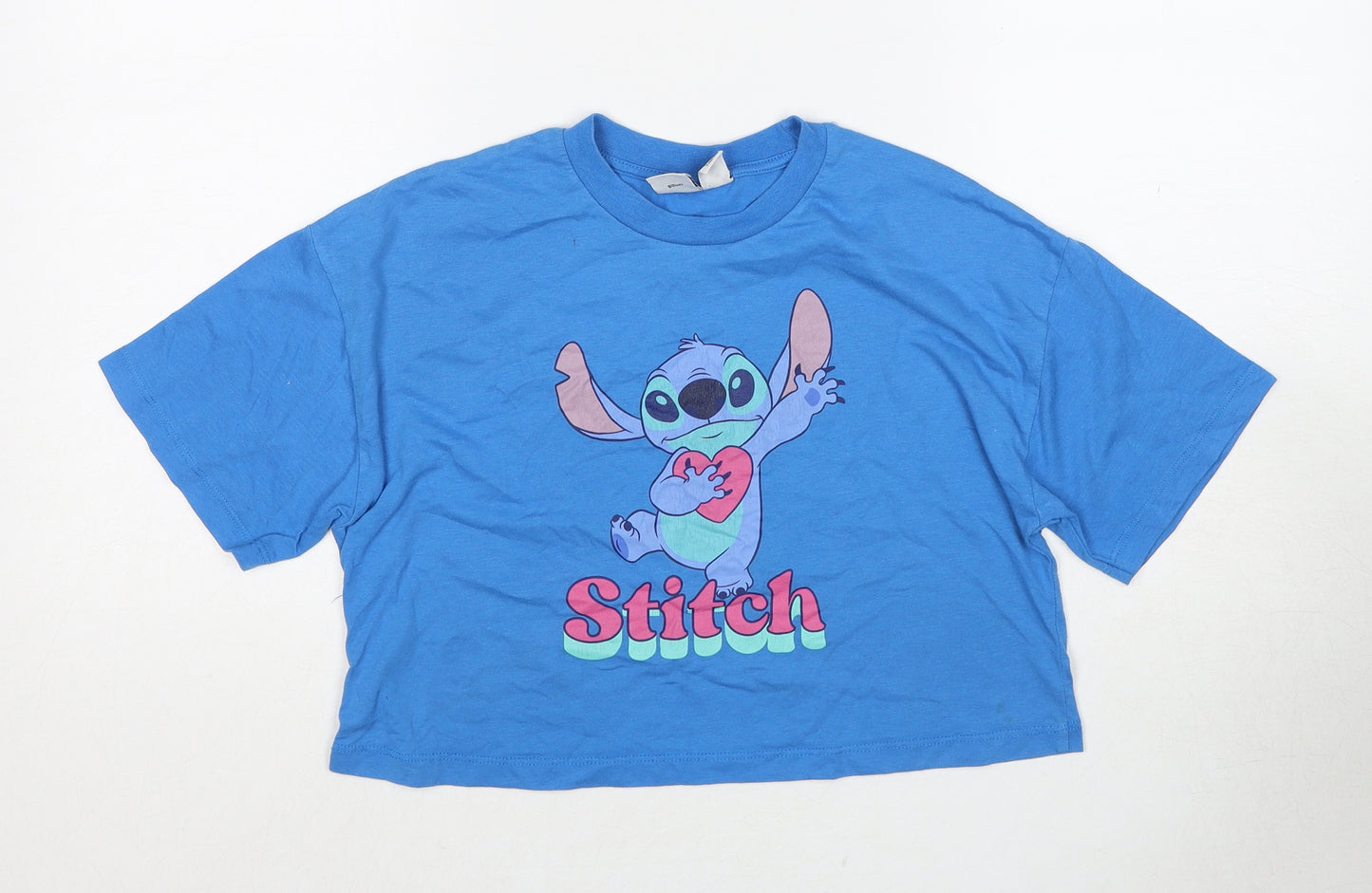 Disney Womens Blue Polyester Basic T-Shirt Size 2XS Crew Neck - Stitch
