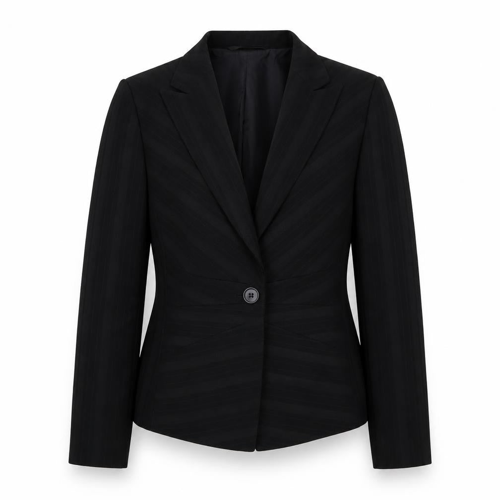Front view of Taifun women’s black striped polyester jacket blazer, size UK 10