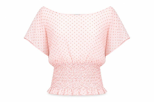 Front view of ASOS women’s pink polka dot polyester basic blouse, size UK 6, off the shoulder - shirred
