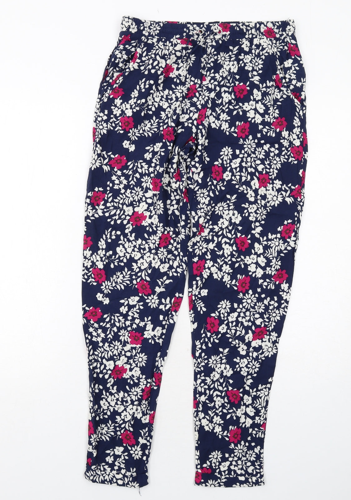 Dorothy Perkins Womens Blue Floral Viscose Trousers Size 8 Regular Drawstring