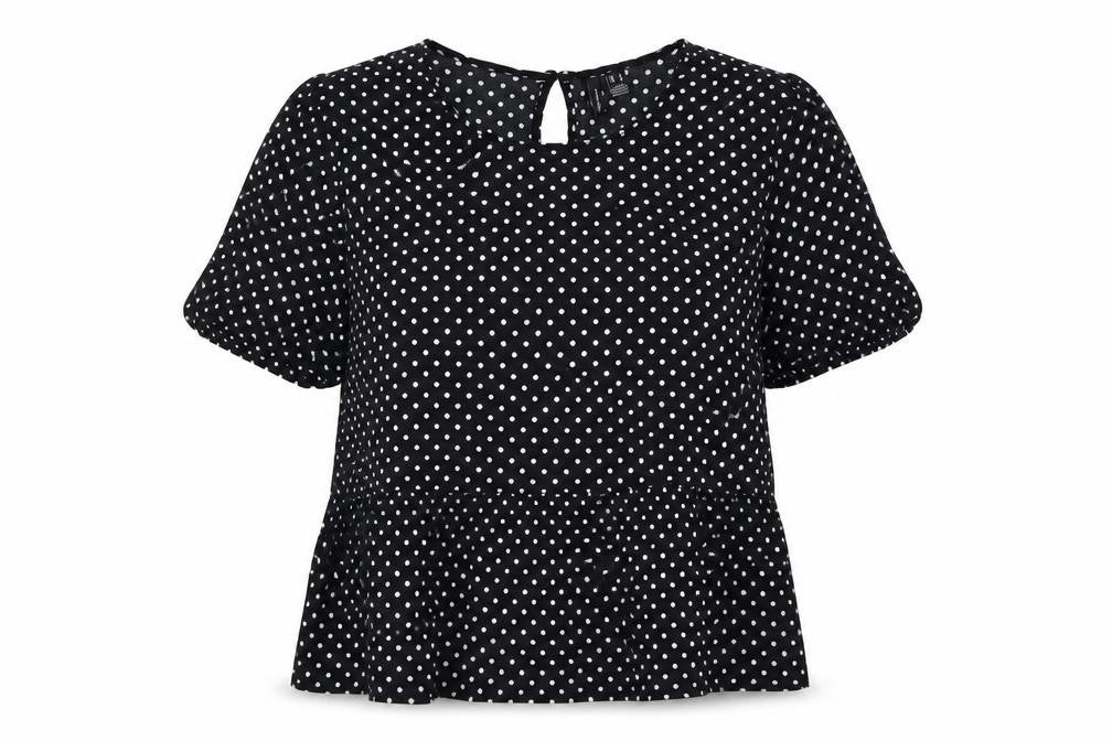 Front view of Vero Moda women’s black polka dot viscose basic blouse, size M, boat neck