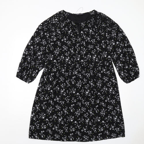 Marks and Spencer Womens Black Floral Polyester A-Line Size 12 Round Neck Pullover