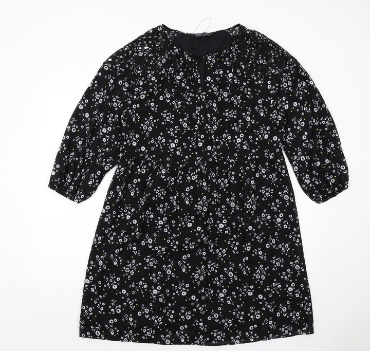 Marks and Spencer Womens Black Floral Polyester A-Line Size 12 Round Neck Pullover
