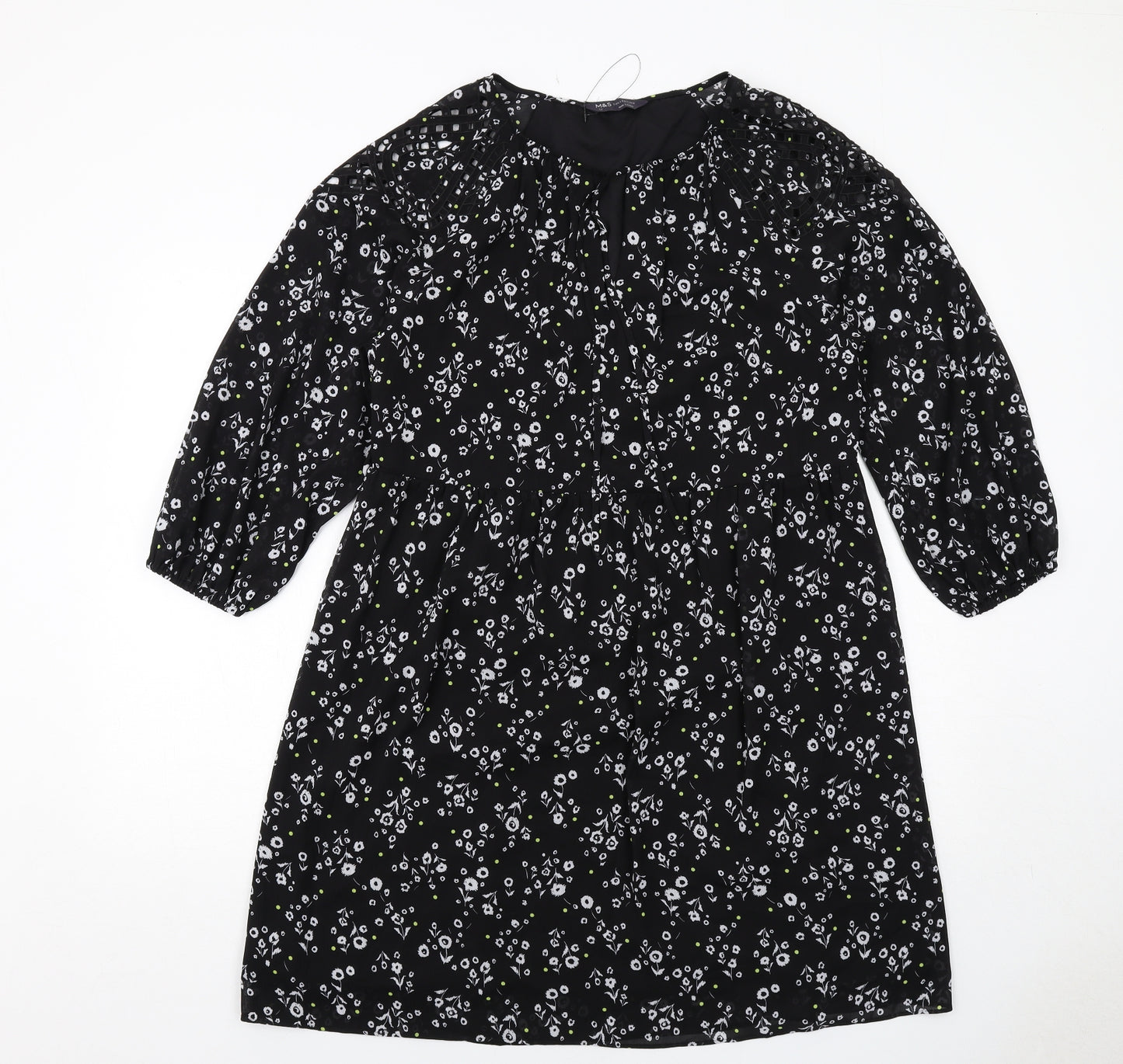 Marks and Spencer Womens Black Floral Polyester A-Line Size 12 Round Neck Pullover