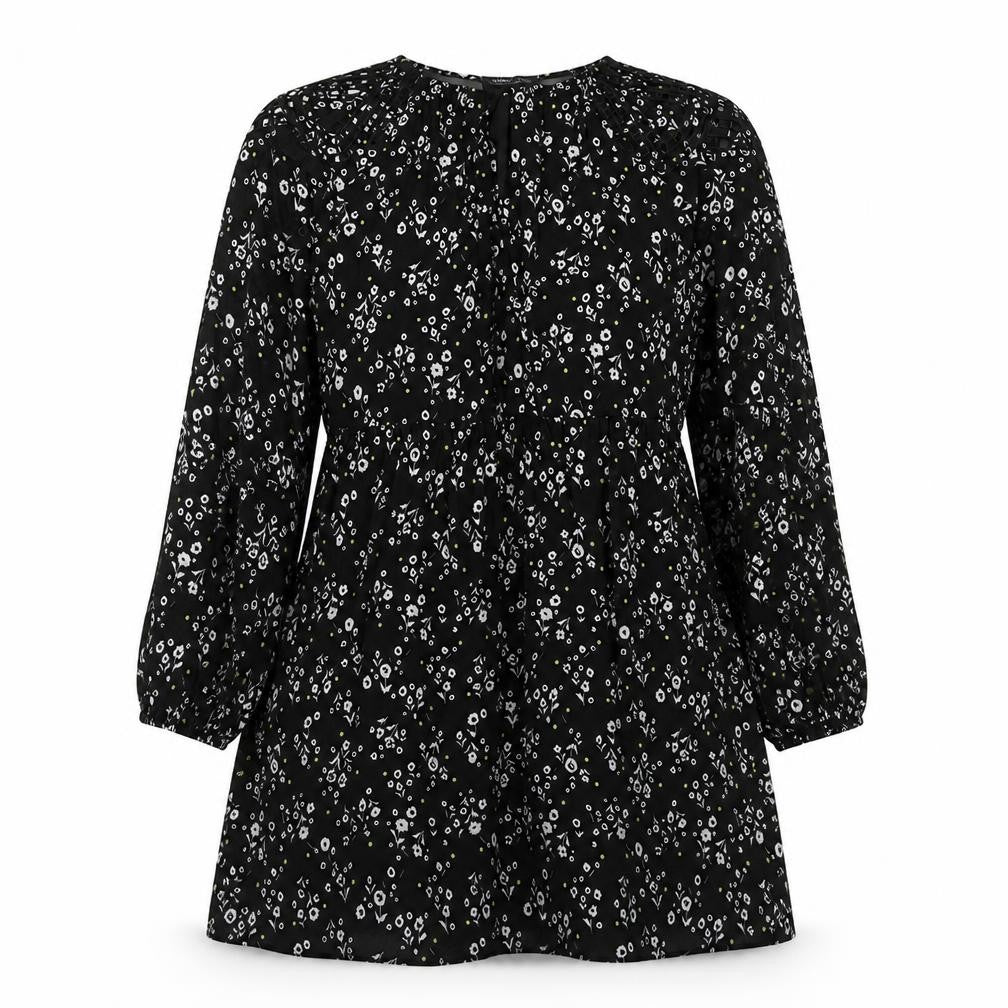 Front view of Marks & Spencer women’s black floral polyester a-line, size UK 12, round neck pullover