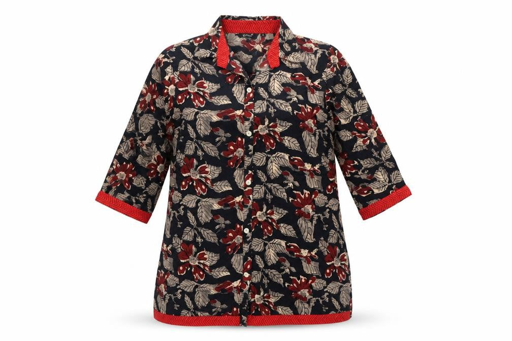 Front view of Globus women’s black floral cotton basic button-up, size M, collared