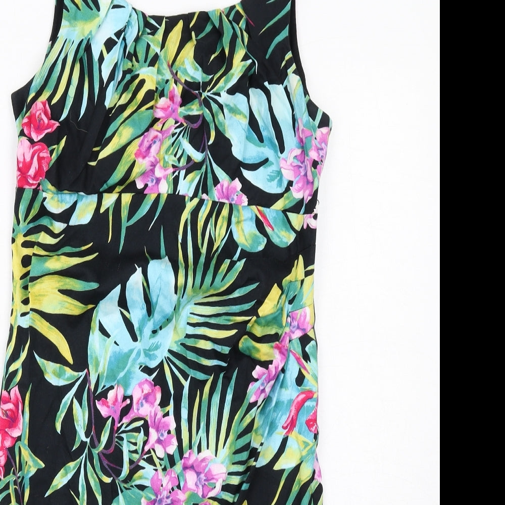 Wallis Womens Black Geometric Cotton A-Line Size 12 Round Neck Zip - Leaf Print