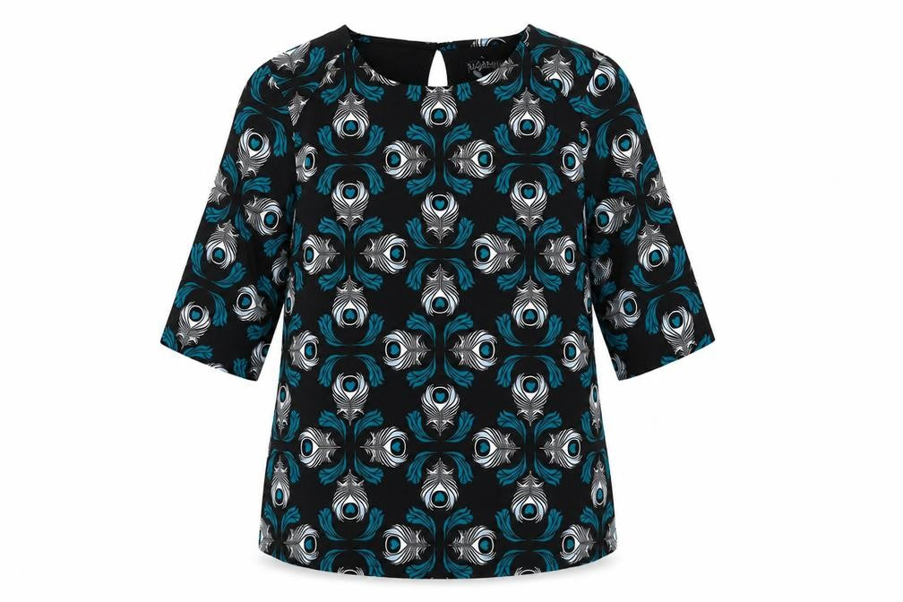 Front view of Sugarhill women’s black geometric polyester basic blouse, size UK 10, round neck