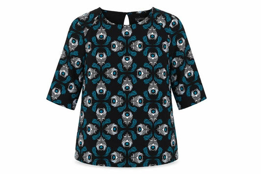 Front view of Sugarhill women’s black geometric polyester basic blouse, size UK 10, round neck
