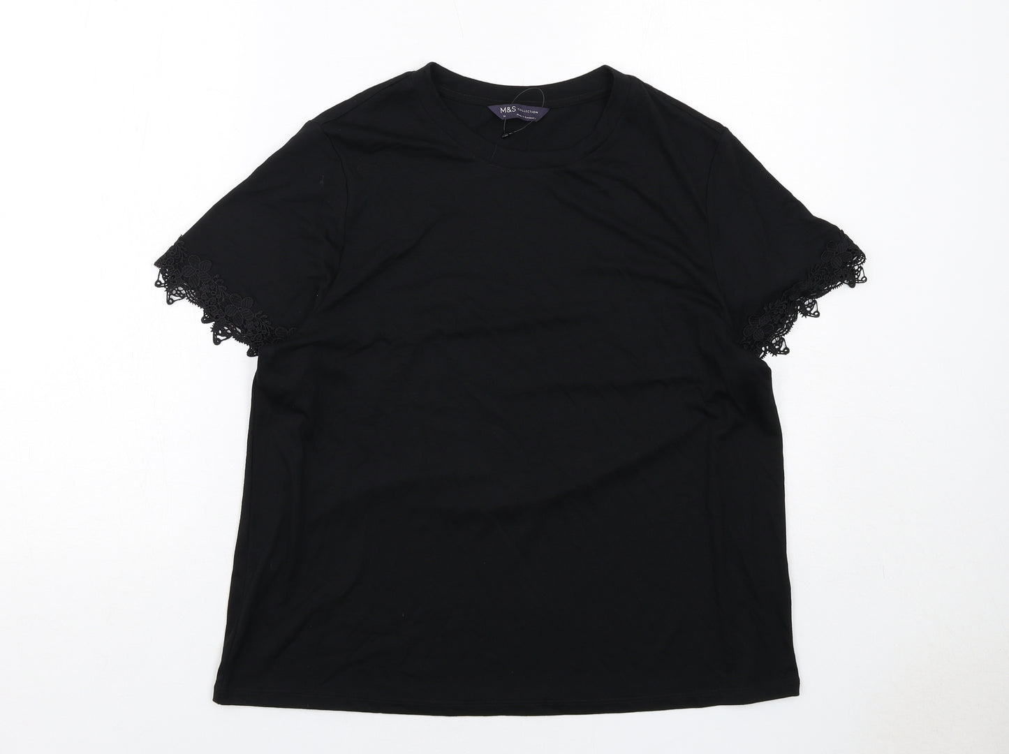 Marks and Spencer Womens Black Polyester Basic T-Shirt Size 14 Round Neck - Lace Details