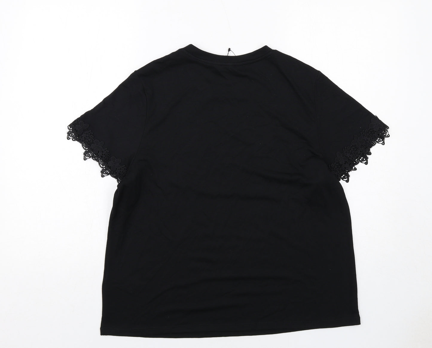 Marks and Spencer Womens Black Polyester Basic T-Shirt Size 14 Round Neck - Lace Details
