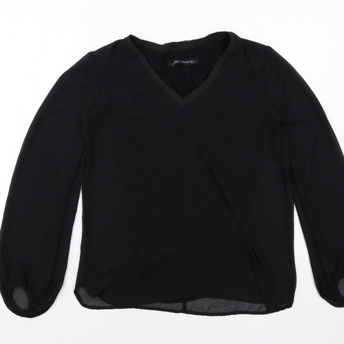 Zara Womens Black Polyester Basic Blouse Size S V-Neck