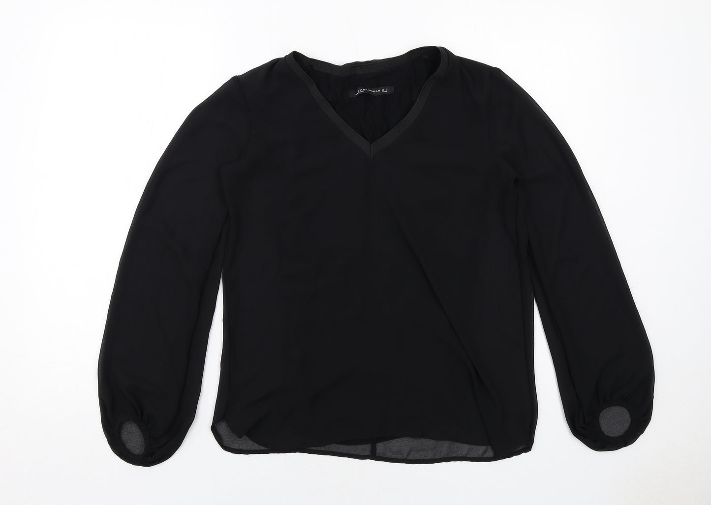 Zara Womens Black Polyester Basic Blouse Size S V-Neck