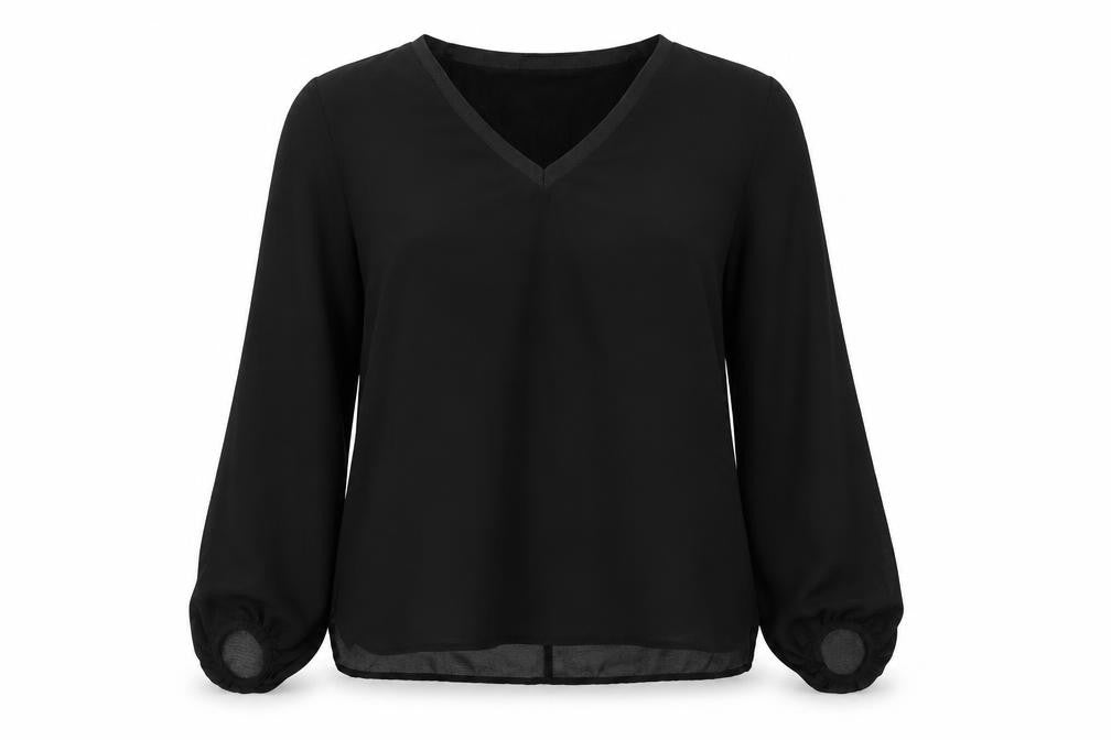 Front view of Zara women’s black polyester basic blouse, size S, v-neck