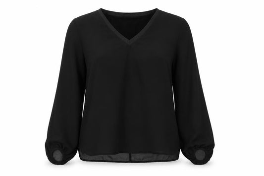 Front view of Zara women’s black polyester basic blouse, size S, v-neck