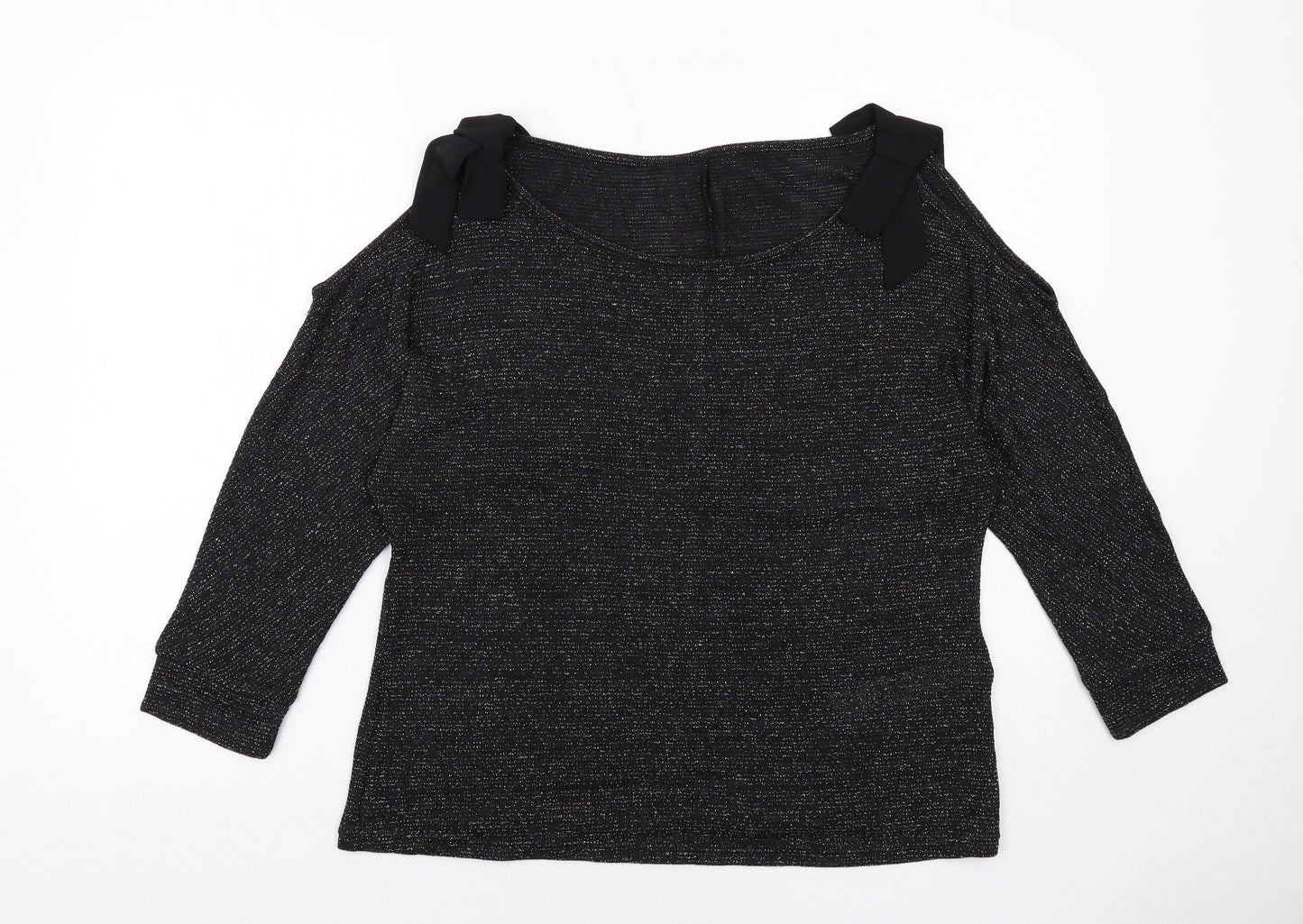 Avon Womens Black Geometric Polyester Basic Blouse Size 14 Round Neck - Cold Shoulder