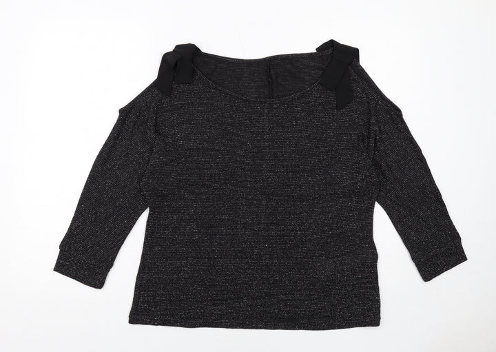 Avon Womens Black Geometric Polyester Basic Blouse Size 14 Round Neck - Cold Shoulder