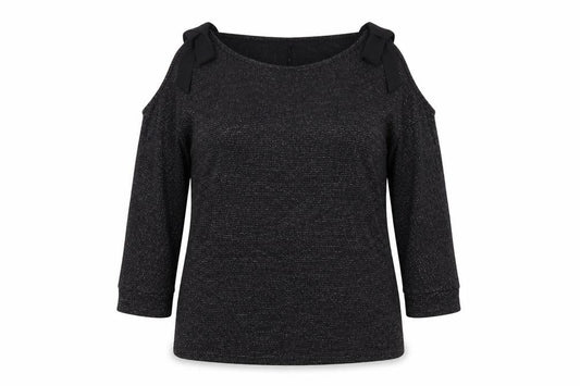Front view of Avon women’s black geometric polyester basic blouse, size UK 14, round neck - cold shoulder