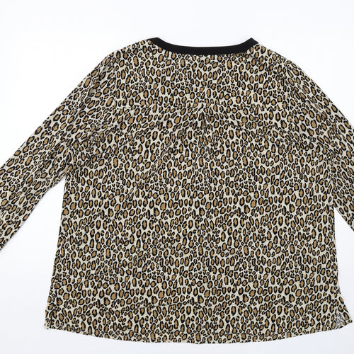 Ruth Langford Womens Beige Animal Print Polyester Basic Button-Up Size 2XL V-Neck - Leopard Print