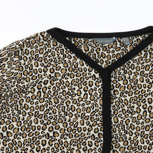 Ruth Langford Womens Beige Animal Print Polyester Basic Button-Up Size 2XL V-Neck - Leopard Print