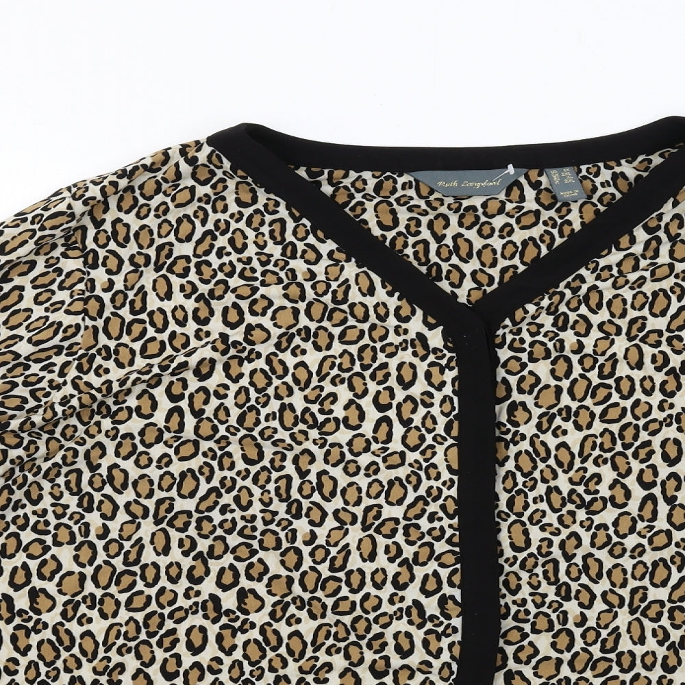 Ruth Langford Womens Beige Animal Print Polyester Basic Button-Up Size 2XL V-Neck - Leopard Print