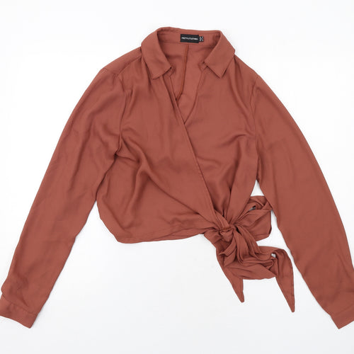 PRETTYLITTLETHING Womens Brown Polyester Wrap Blouse Size 10 Collared