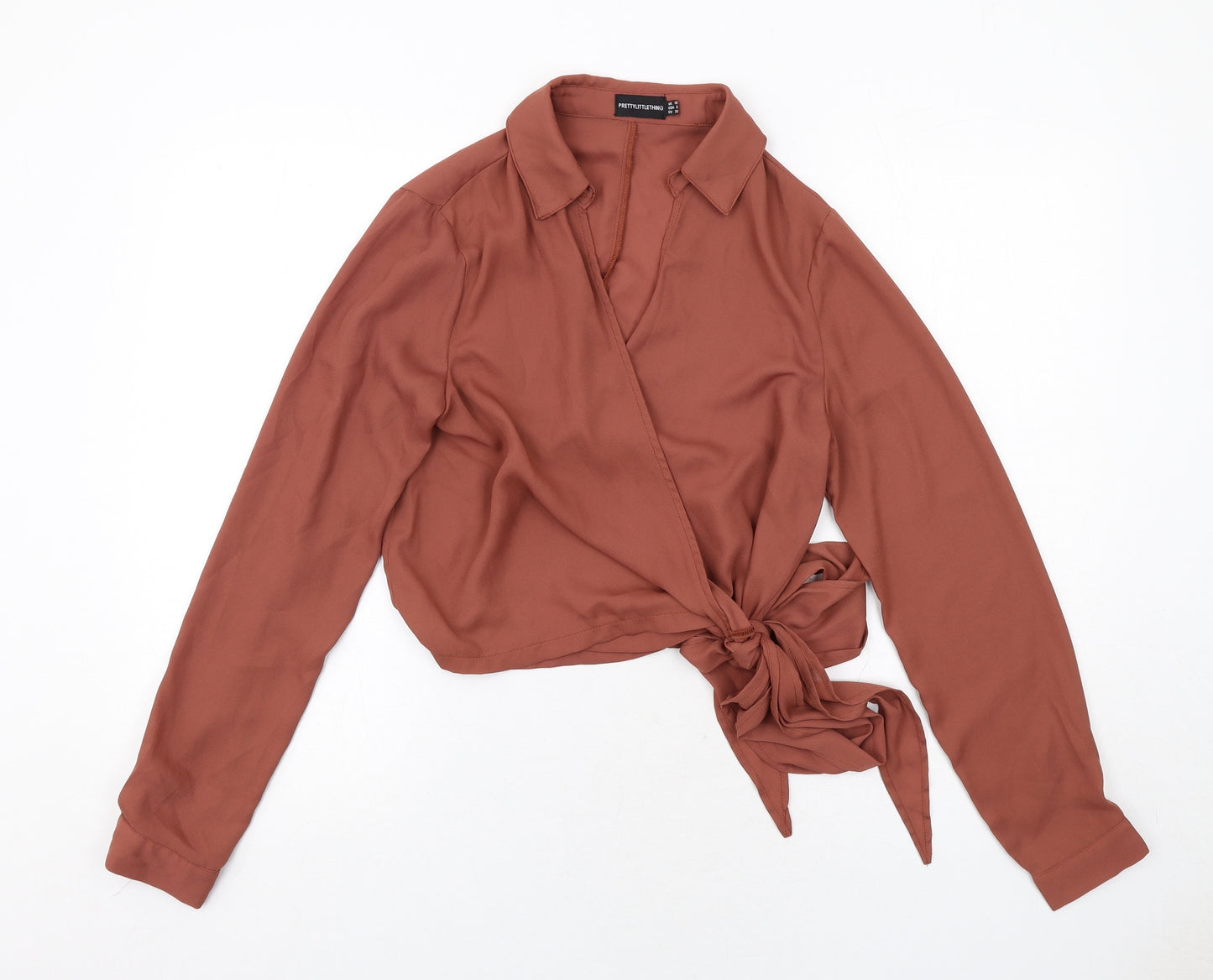 PRETTYLITTLETHING Womens Brown Polyester Wrap Blouse Size 10 Collared