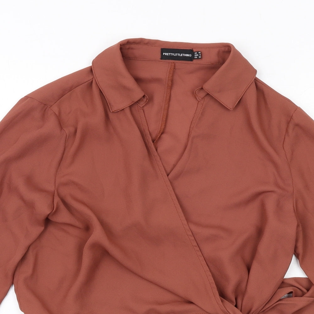 PRETTYLITTLETHING Womens Brown Polyester Wrap Blouse Size 10 Collared