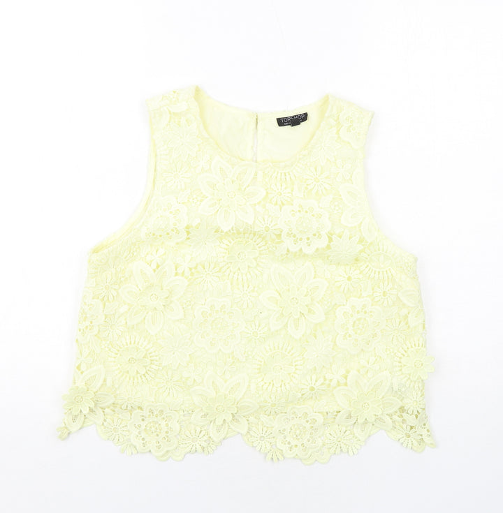 Topshop Womens Yellow Polyester Basic Blouse Size 12 Boat Neck - Crocheted Lace Overlay