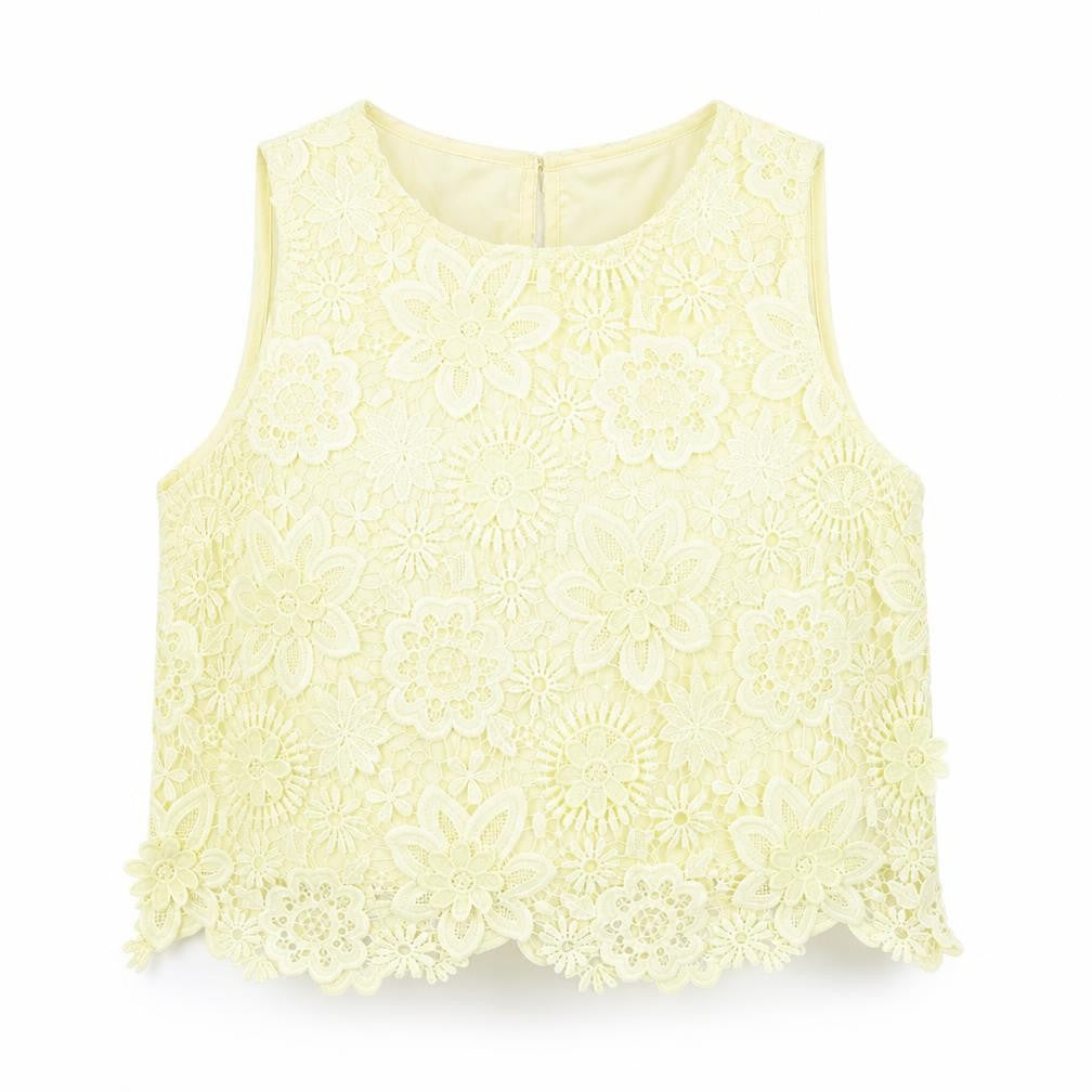 Front view of Topshop women’s yellow polyester basic blouse, size UK 12, boat neck - crocheted lace overlay