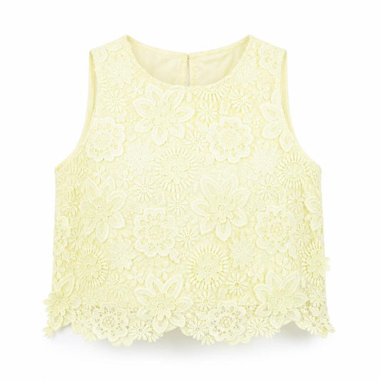 Front view of Topshop women’s yellow polyester basic blouse, size UK 12, boat neck - crocheted lace overlay