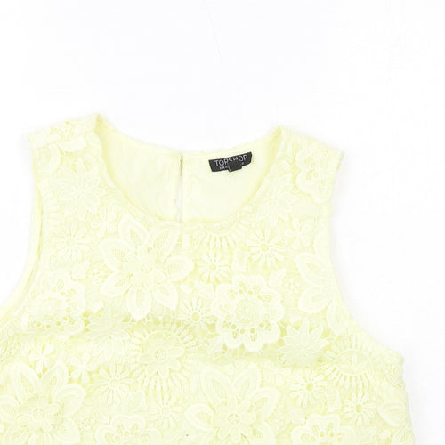 Topshop Womens Yellow Polyester Basic Blouse Size 12 Boat Neck - Crocheted Lace Overlay