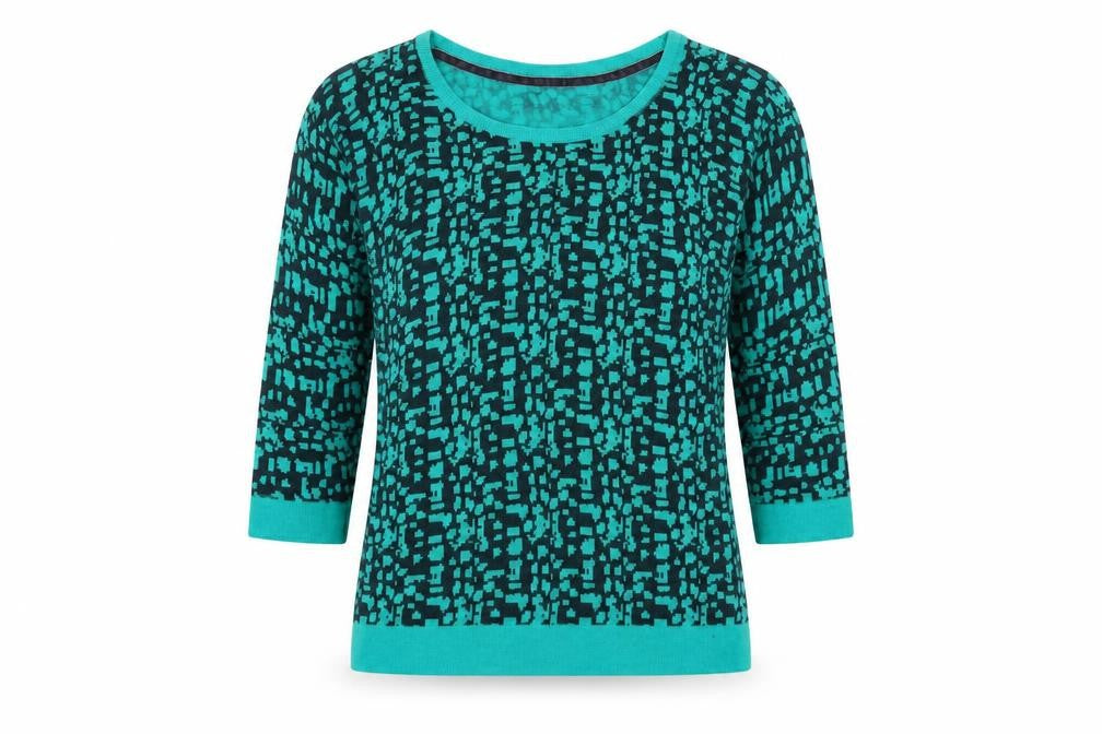 Front view of Marks & Spencer women’s black round neck geometric acrylic jumper, size UK 10