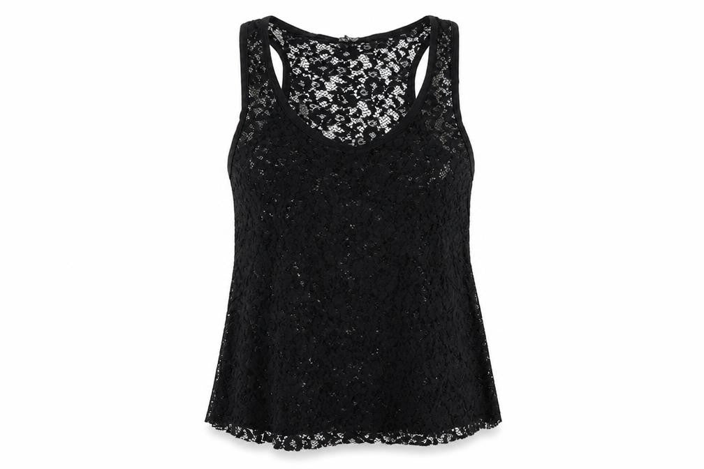 Front view of Select women’s black polyester basic tank, size UK 10, scoop neck