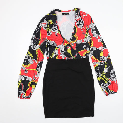 CBR Womens Multicoloured Geometric Cotton Pencil Dress Size S V-Neck Zip