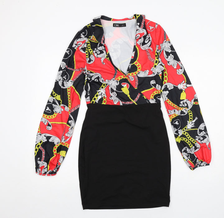 CBR Womens Multicoloured Geometric Cotton Pencil Dress Size S V-Neck Zip