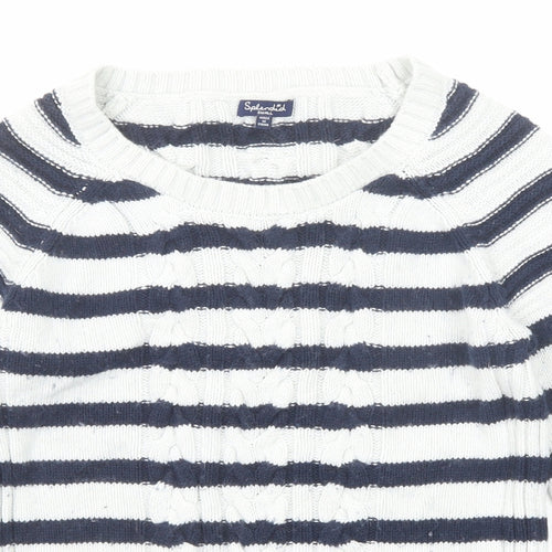 Splendid Womens Blue Round Neck Striped Cotton Pullover Jumper Size S